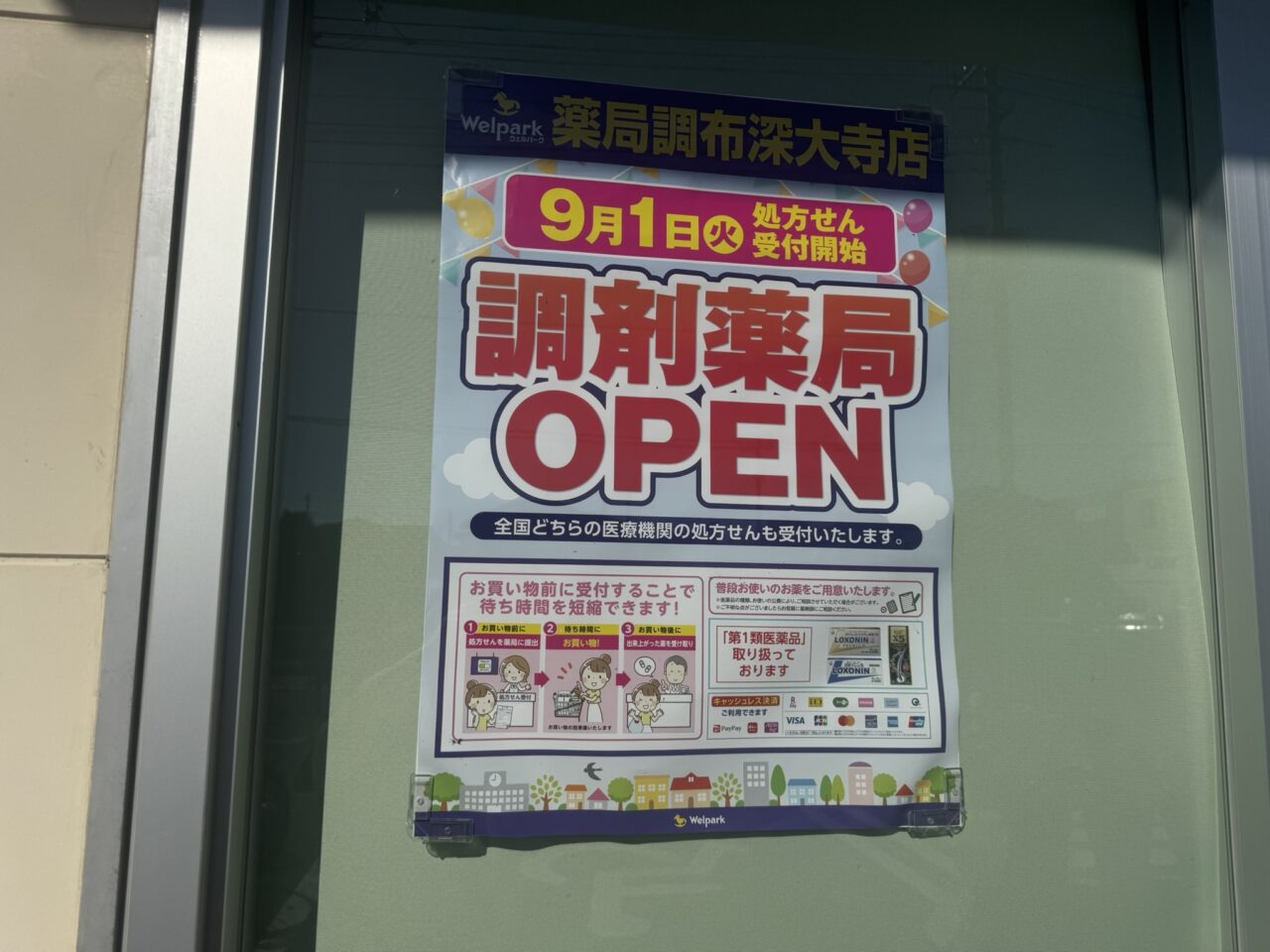 ウェルパーク調布深大寺店の店頭に掲示された調剤薬局オープンの案内ポスター