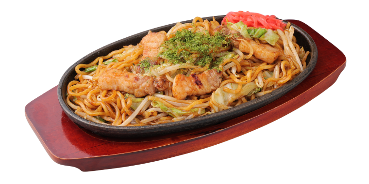 鉄板にのった銀だこハイボール酒場のソース焼そば キャプション：
